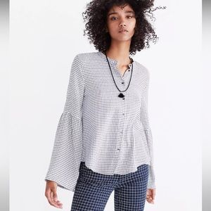 Madewell Bell Sleeve Button Down Shirt in Windowpane Plaid black white checker